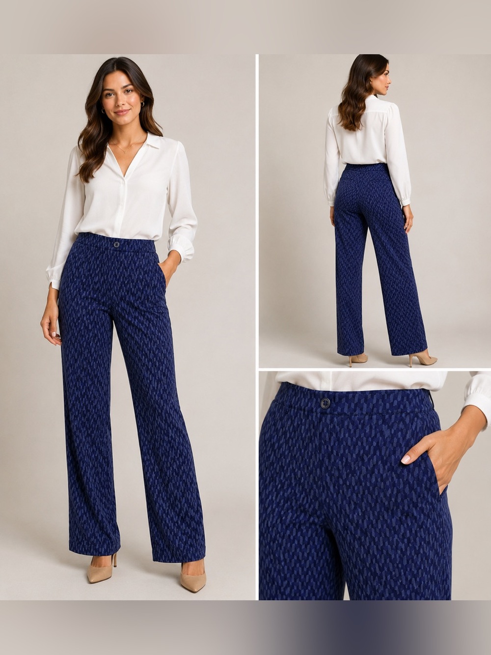 Betabrand Women’s Dress Pant Yoga Pants Blue Geometric Print Straight Leg Size L